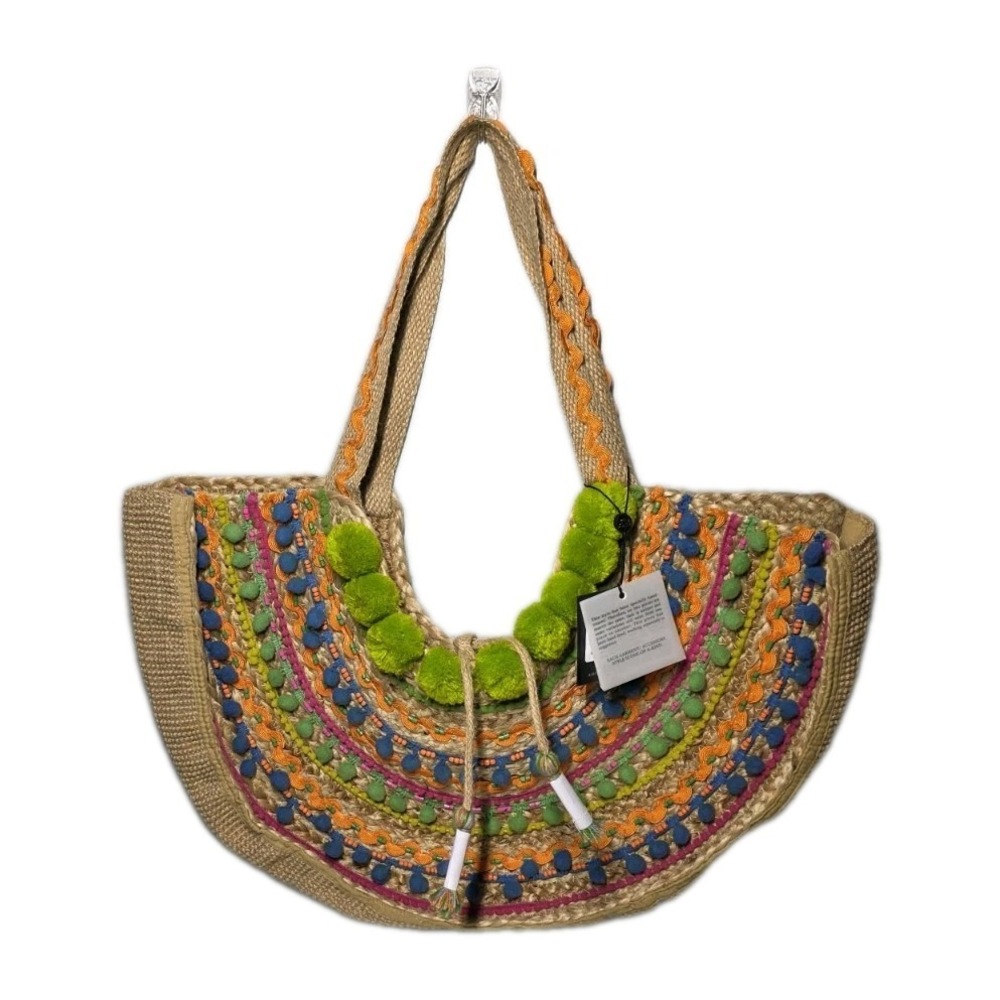 NWT America‎ & Beyond Pom Pom Fiesta Jute Tote Bag Beach Pool
